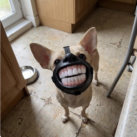 Small dog wearing the Mugshot grin mask in a kitchen
