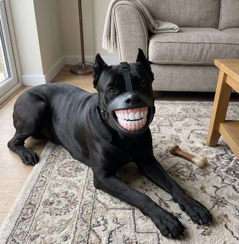 Large dog wearing the Mugshot grin mask on a living-room rug